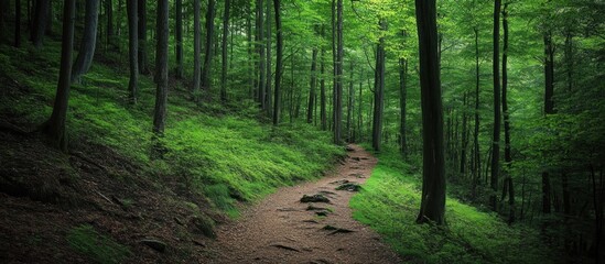 Fototapeta premium A winding path through a lush green forest with tall trees and a mossy ground.