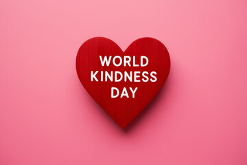 Red wooden heart with text "World kindness day" on pink background. Health insurance, donation, happy charity volunteer concept, world mental health day, world heart day, self care concept. AI