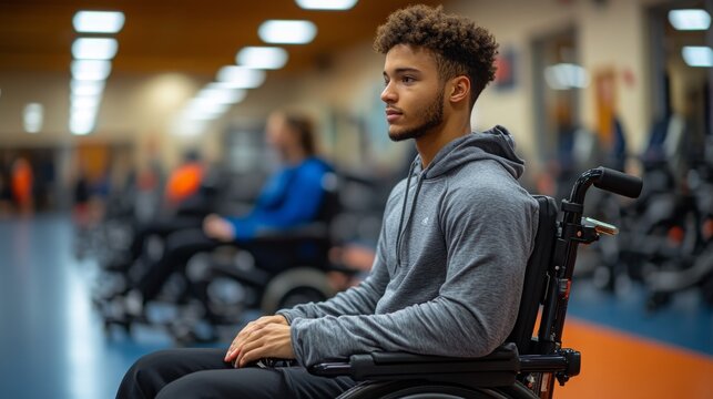 Wheelchair user participates in adaptive sports event at local gym during evening session