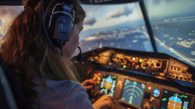 Skilled pilot navigating airplane simulator in realistic night cityscape, confidently controlling cockpit technology. Immersive flying experience showcases professional aviation skills