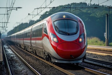 Modern high-speed passenger train traveling on railway tracks