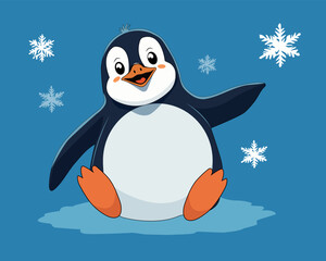 A sitting penguin waving its flipper on a blue backround with snowflakes. Vector illustration