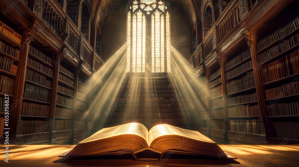 Poster an open book lies in the middle of a grand library, bathed in the warm light of a stained glass wind