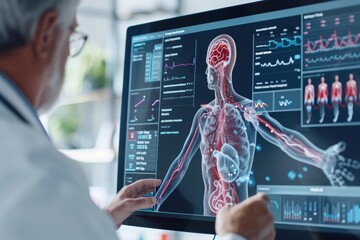 Doctor analyzing digital 3d human body model on touchscreen display in medical setting.