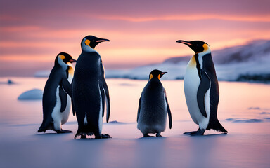 Obraz premium Penguins huddling on snowy beach under pinkish twilight sky