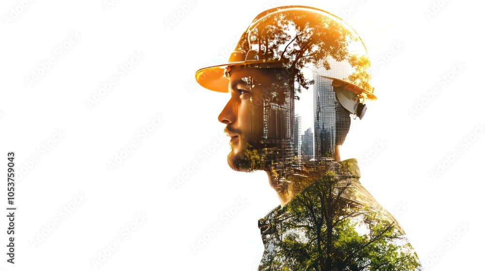 Poster a double exposure image of a man in a hard hat with urban and natural elements.
