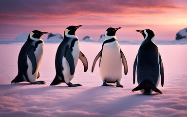 Obraz premium Penguins huddling on snowy beach under pinkish twilight sky