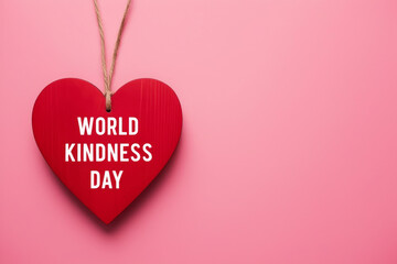 Red wooden heart with text "World kindness day" on pink background. Health insurance, donation, happy charity volunteer concept, world mental health day, world heart day, self care concept. AI
