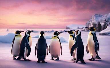 Obraz premium Penguins huddling on snowy beach under pinkish twilight sky