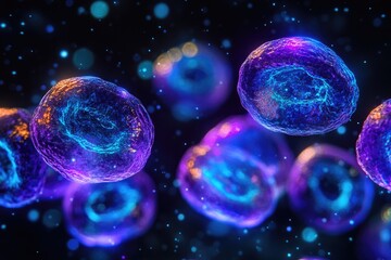 Fototapeta premium Group of glowing cells is flowing in a microscopic view