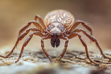 Brown spider crawling on wood surface close up