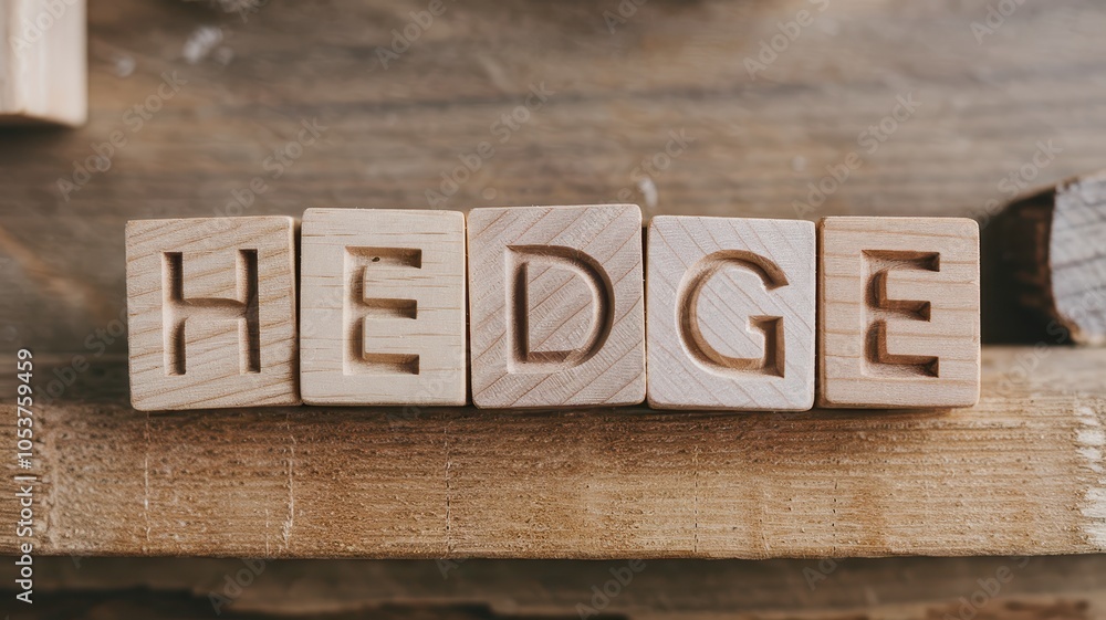 Poster closeup of wooden cubes arranged to spell the word hedge on a rustic weathered wooden surface minima