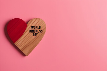 Red wooden heart with text "World kindness day" on pink background. Health insurance, donation, happy charity volunteer concept, world mental health day, world heart day, self care concept. AI