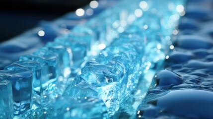 Crystal clear ice cubes arranged in a row with a close-up focus, creating a refreshing and visually appealing abstract image.