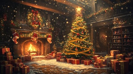 Naklejka premium A cozy Christmas scene with a decorated tree, wrapped gifts, snow falling outside, and a warm fire in the fireplace.