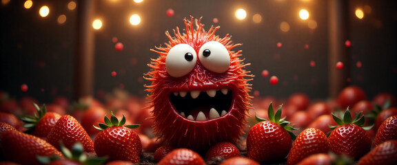 A cheerful monster character playfully surrounded by fresh strawberries in a festive setting with soft glowing lights