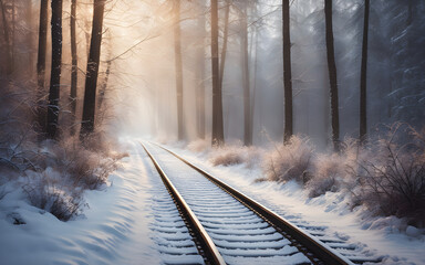 Snowy railway tracks disappearing into foggy forest