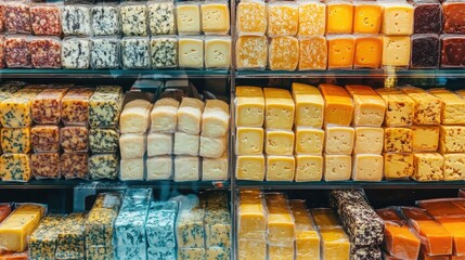 Various cheese blocks and wedges displayed on shelves, offering diverse flavors and textures