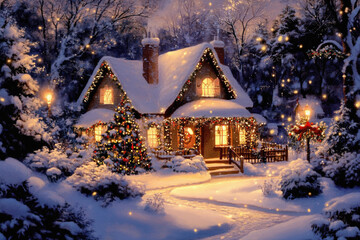 Fototapeta premium A house with a Christmas tree and lights on the roof. The house is surrounded by snow and there is a path leading to it