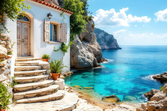 This image showcases a beautiful and serene travel destination, highlighting the natural beauty and architectural charm of the Mediterranean region.
