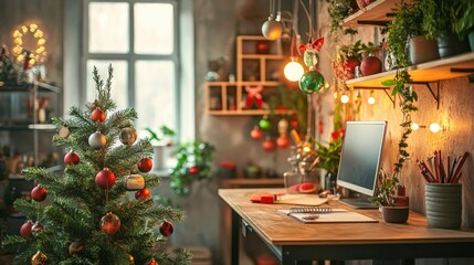 A quaint reading nook with a plush chair, a mini Christmas tree, and a shelf of festive books under cozy lighting.