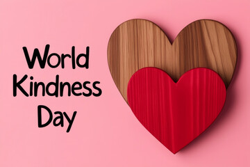Red wooden heart with text "World kindness day" on pink background. Health insurance, donation, happy charity volunteer concept, world mental health day, world heart day, self care concept. AI