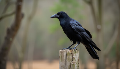 Obraz premium A black crow perched on a wooden post, looking alert and observant