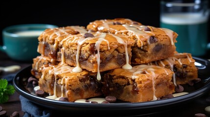 A stack of gooey, caramel-filled, chocolate chip blondies, drizzled with a creamy white glaze, sit on a black plate, surrounded by scattered chocolate chips.