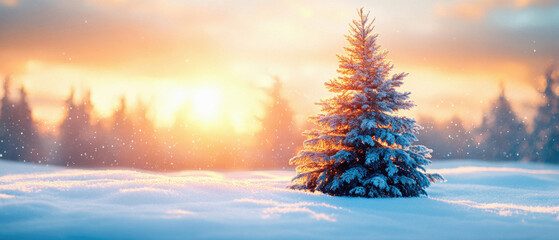 Fototapeta premium A small tree is standing in the snow in front of a beautiful sunset. The scene is peaceful and serene, with the tree providing a sense of hope and life in the midst of the cold winter landscape
