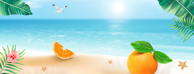 illustration summer landscape facebook cover Tropical summer scene , featuring fresh, juicy tangerines and lemons against a vibrant backdrop