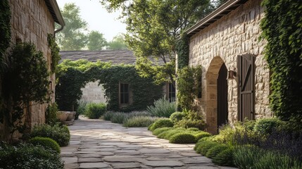 Stone Pathway with Ivy-Covered Walls