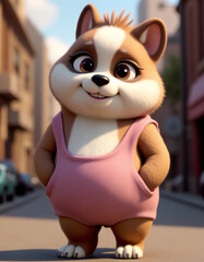 A cheerful animated corgi in a pink outfit stands confidently on a sunny street with buildings in the background during the day