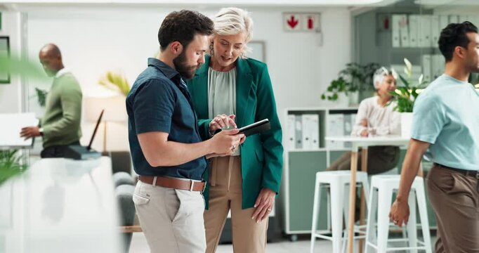 Mature woman, tablet and collaboration with planning and tech for email marketing teamwork. Website, boss and online review of campaign project with management and ux design for target engagement