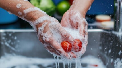 Fototapeta premium Closeup of hands washing a kitchen knife in the sink using soap and water to thoroughly clean and remove any bacteria or germs