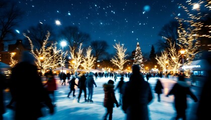 Fototapeta premium A public outdoor ice skating rink illuminated by twinkling holiday lights, where people bundled in warm clothing glide across the ice under a clear, starry winter night sky