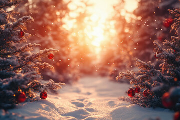 A snowy forest with red and green Christmas trees. The trees are covered in snow and have red ornaments on them. The snow is deep and the trees are tall. The scene is peaceful and serene