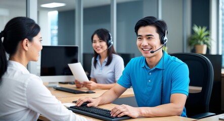 Fototapeta premium East Asian call center agent assisting customer friendly expression headset and polo shirt office cubicle with computer early twenties male