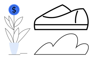 Dollar sign atop a plant pot, a minimalist shoe icon, and a cloud. Ideal for business growth, financial success, investment, dreams, aspirations, simplicity, success mindset. Line metaphor