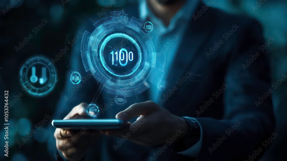 Poster a businessman holding a tablet with a futuristic interface displaying the time 1100, symbolizing tec