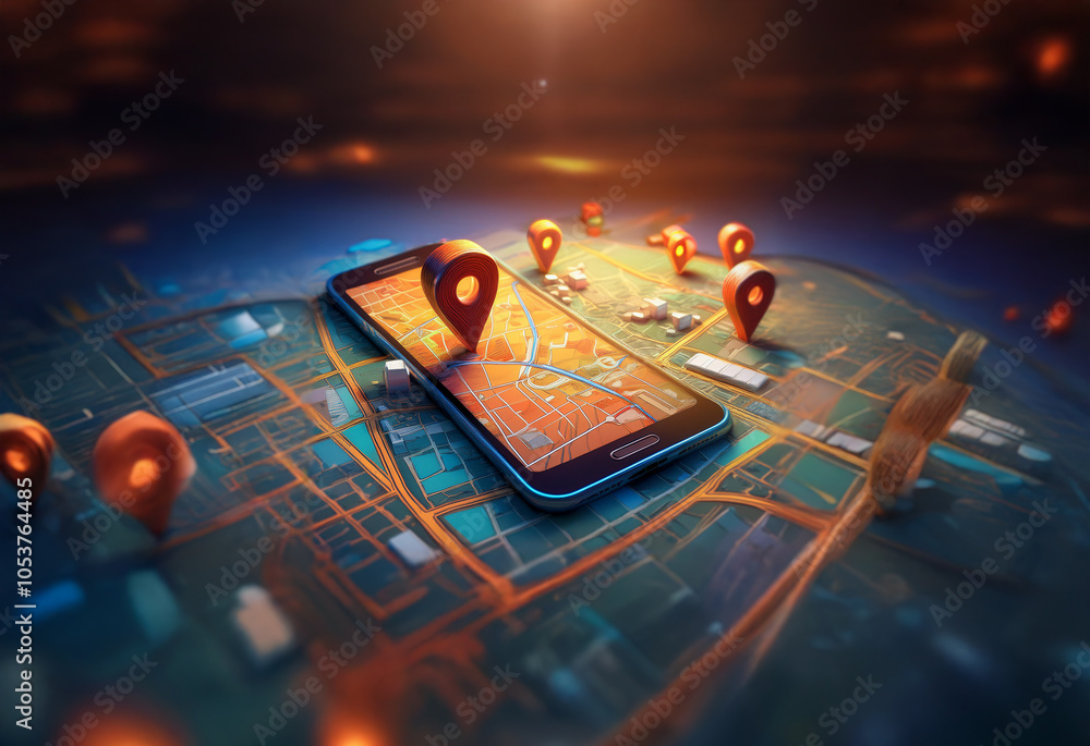 Aufkleber a smartphone rests on a map with multiple location pins scattered around it, symbolizing the power o
