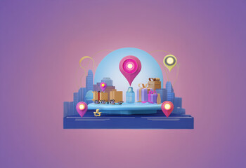A 3D illustration depicting a location pin with a trail of packages and boxes traveling towards it.