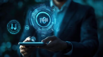 A businessman holding a tablet with a futuristic interface displaying the time 1100, symbolizing technology, time, and the digital age.