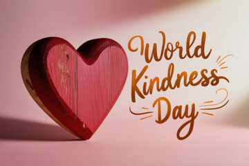 Red wooden heart with text "World kindness day" on pink background. Health insurance, donation, happy charity volunteer concept, world mental health day, world heart day, self care concept. AI