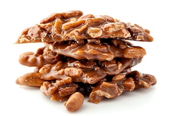 A stack of four peanut brittle pieces with caramel and nuts on a white background.
