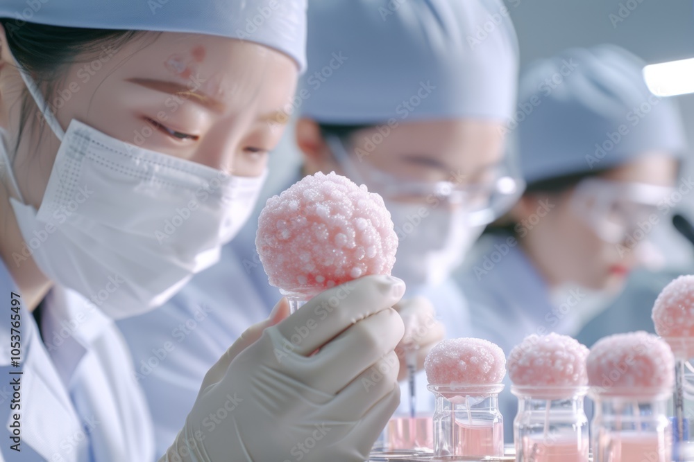 Poster scientists analyzing artificial organs in laboratory with precision tools and equipment.