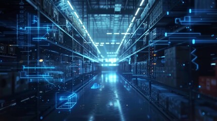 Digital interface managing logistics in a futuristic automated warehouse, optimizing storage, retrieval, and inventory control using advanced technology for efficient operations