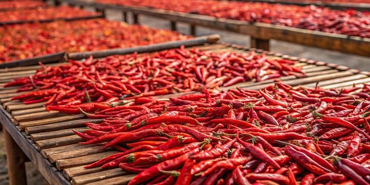 Red chillis drying on wooden khatiya in open air
