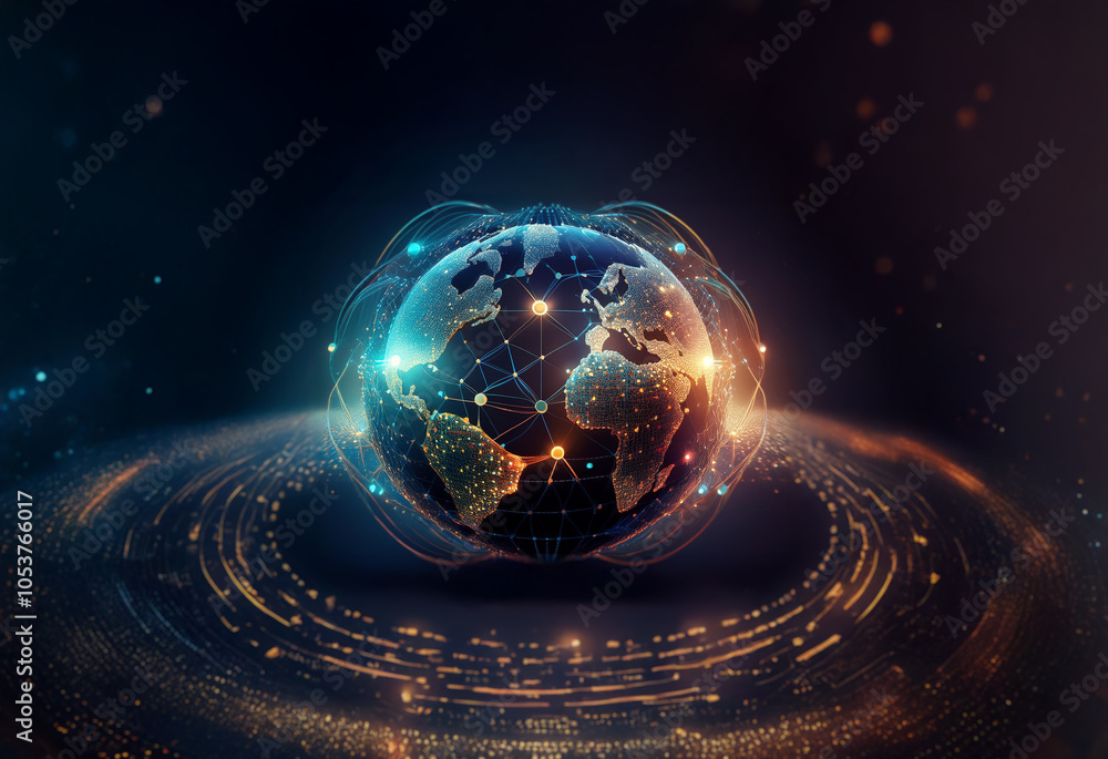 Aufkleber A glowing digital globe with connecting lines and glowing points surrounded by a luminous ring.