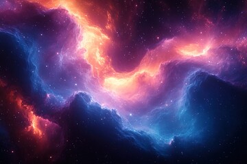 Obraz premium Abstract cosmic nebula with swirling red, blue, and yellow gas clouds against a starry dark blue background.