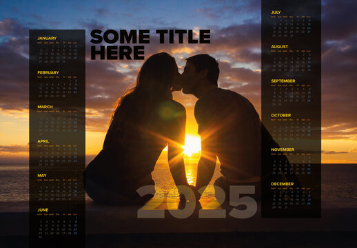 Dark horizontal calendar template for the year 2025 with big sunset photo placeholder